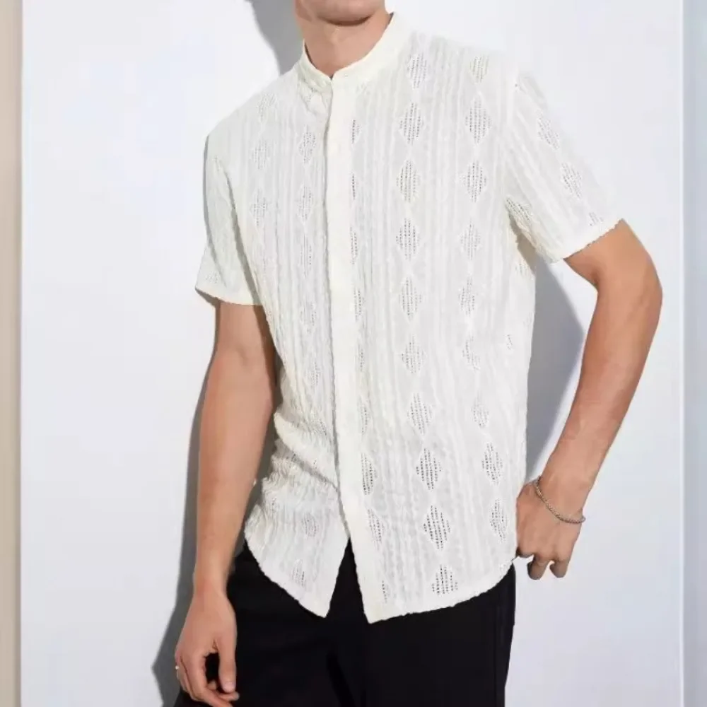 Men's Shirt Lace Short-sleeved Loose-cut Knitted Casual Shirt Male Tops