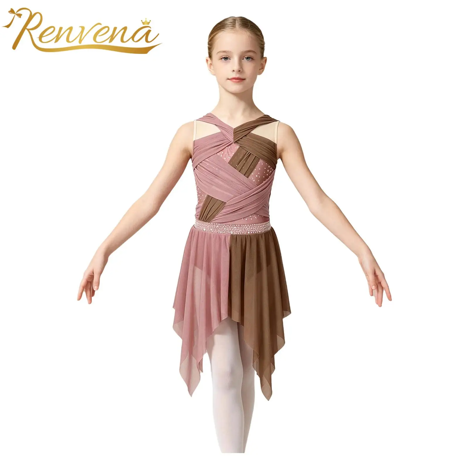 Kids Ballet Leoatd Dress for Girls Children Irregular Hem Mesh Ice Figure Skating Dress Dancewear Rhinestone Gymnastics Costume