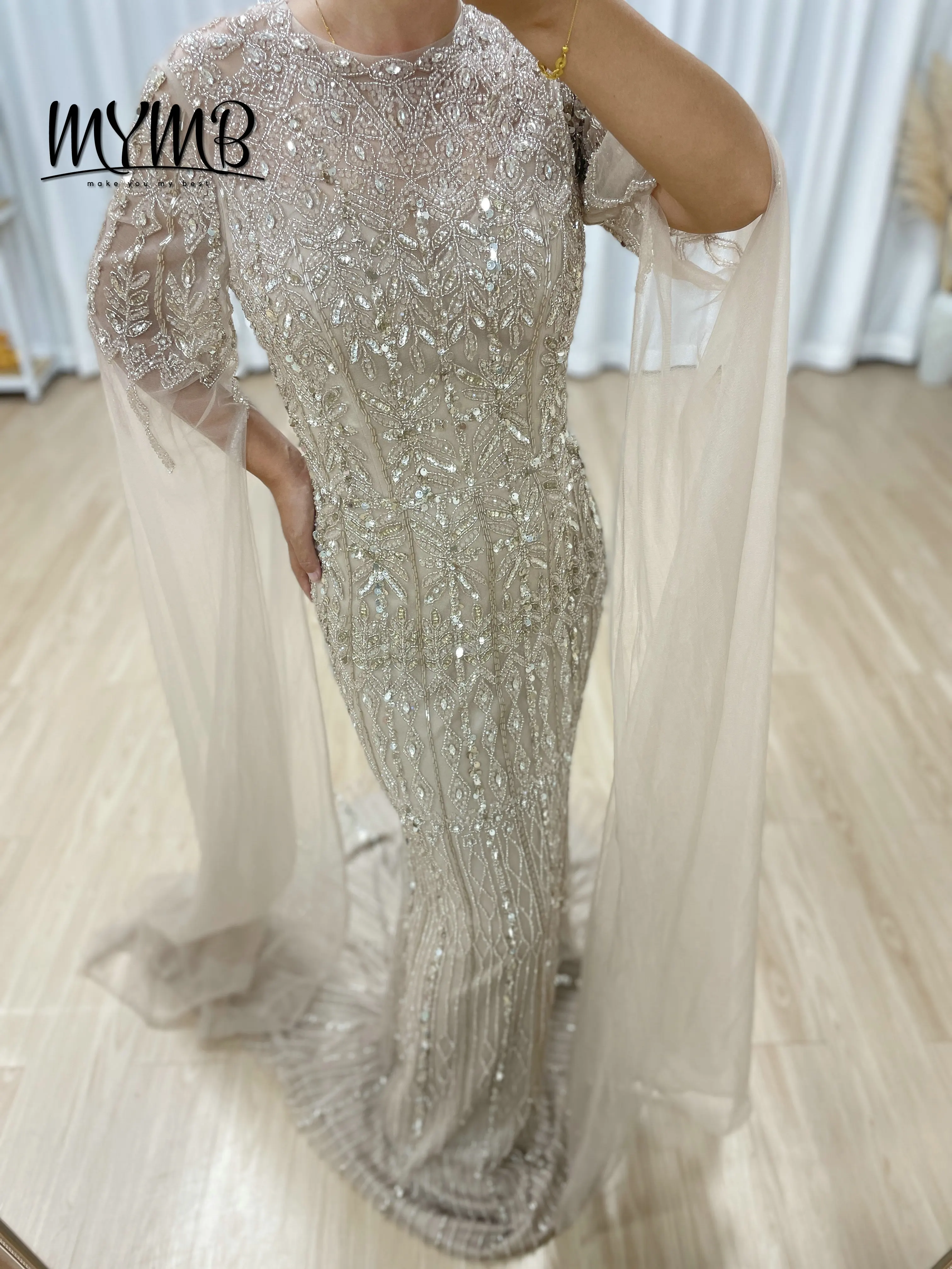 MYMB Luxe Formele Dubai Zeemeermin Arabische Elegante Avondjurk voor Vrouwen Blauwe Cape Mouwen Kralen Lang voor Bruiloft MC20103