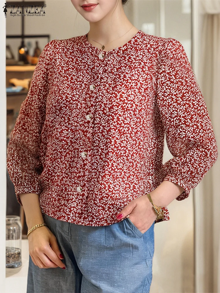

2025 Spring Floral Printed Shirts Women Casual Loose 3/4 Sleeve Tops ZANZEA Fashion OffIce Work Blusas Vintage Tunics Oversized