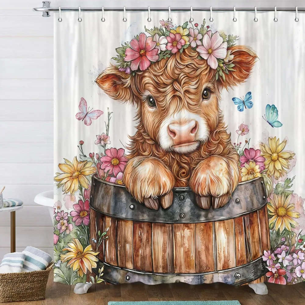 

Cow Shower Curtain, 72 X 72 in Funny Highland Cow Floral Cute Animals Rustic Wooden Flower Board Spring Farmhouse Wildflower Bat