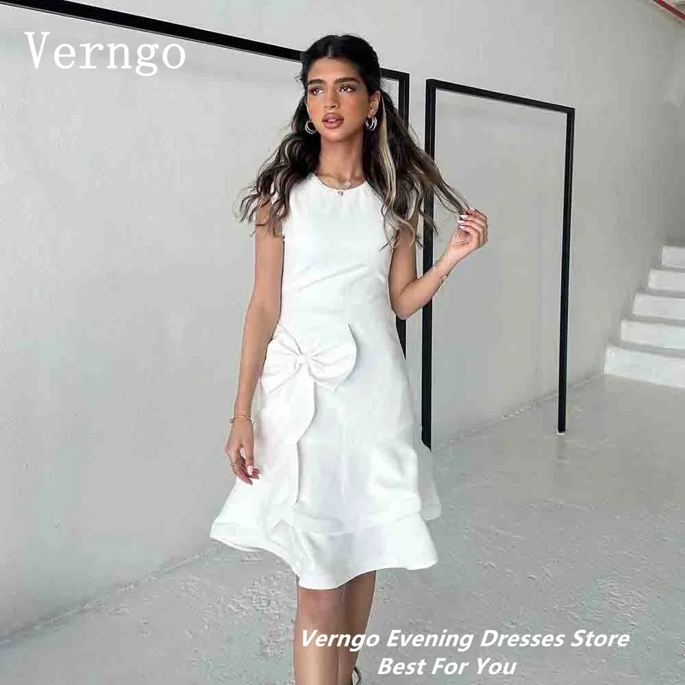 Verngo White Prom Gowns O Neck Sleeveless Short Party Dress 3D Flowers Formal Occasion Dress Saudi Arabic Outfit