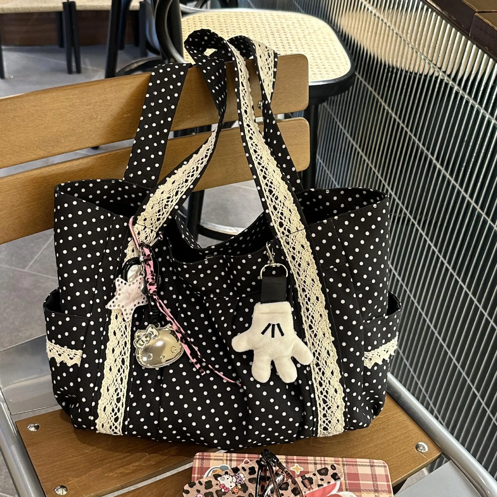 Koreanische Vintage Leinwand Umhängetasche Frauen Nette Spitze Große Kapazität Tote Tasche Multi Tasche Handtasche Mode Runde Dot Unterarm Tasche – Detail 5