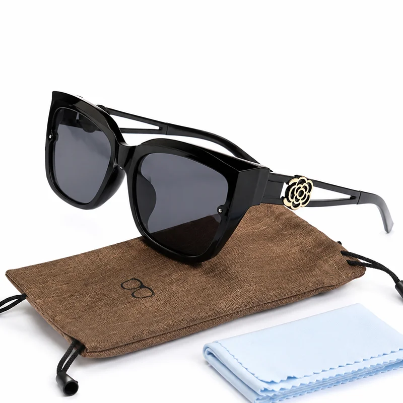 Luxury Brand Camellia Flower Sunglasses Women Vintage Oversized Square Sun Glasses Hollow Gold Metal Logo Shades Oculos UV400