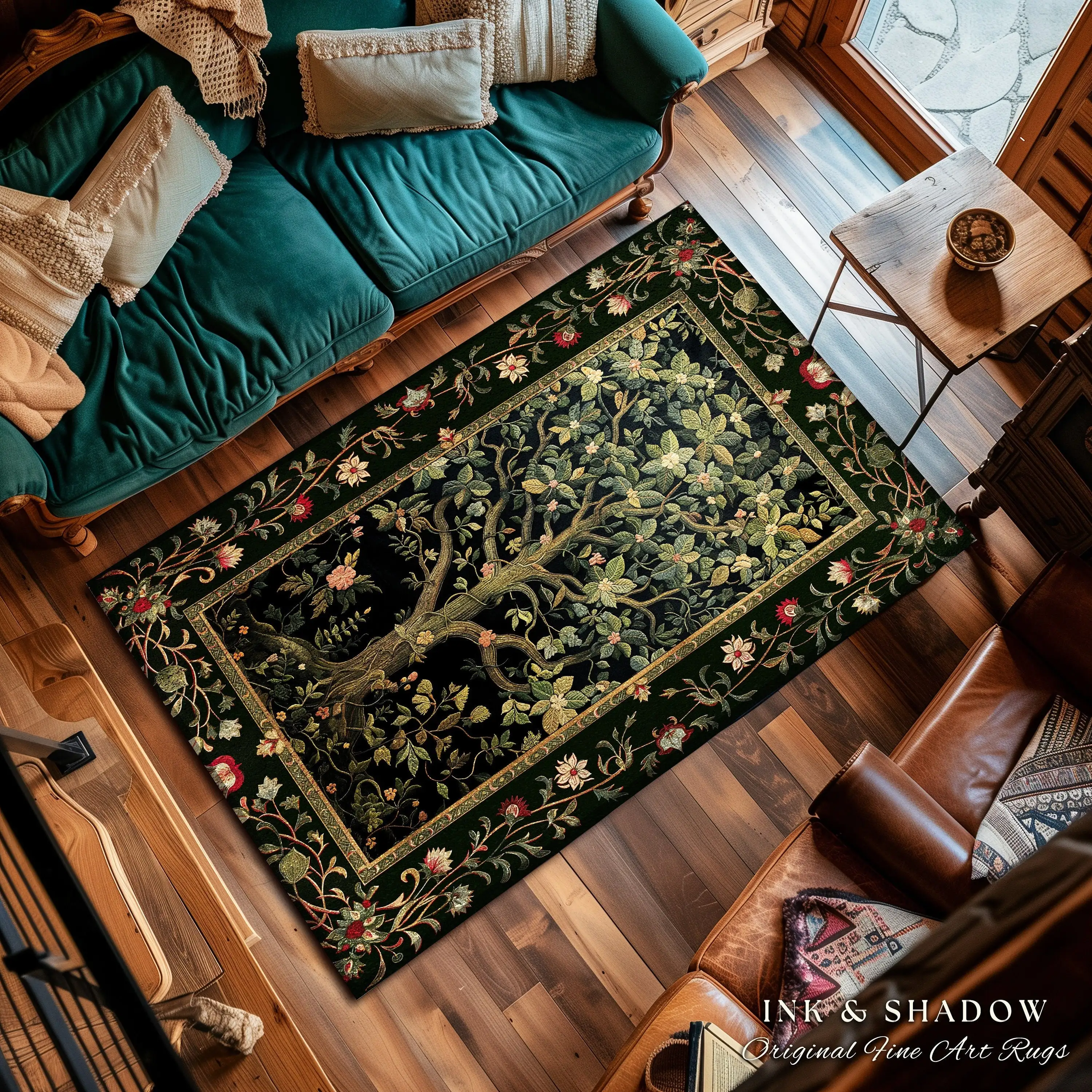 Elegant Botanical Accent Rug Bohemian Aesthetic Living Room Home Decor Rustic Gift Cottagecore Earth Tone Bedroom Floor Mat