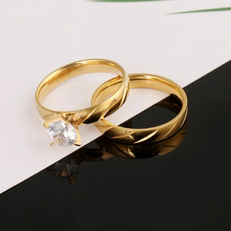 Stainless Steel Gold Color Luxury Female Bridal Wedding Ring Set Fashion Jewelry Promise Stone Engagement Rings For Women