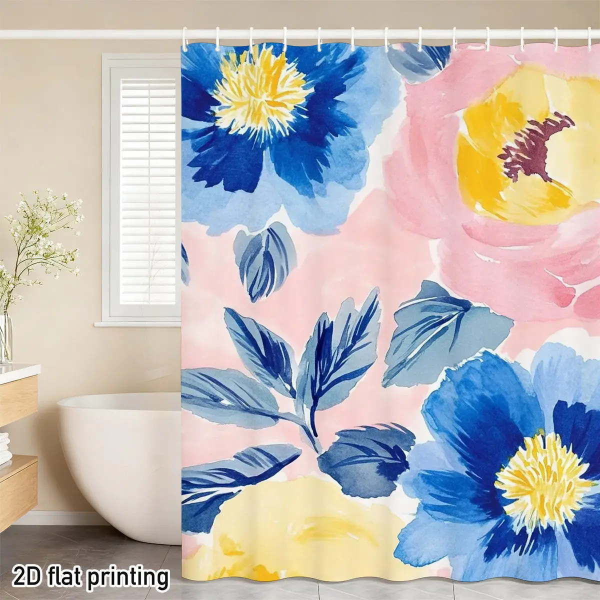 

Floral Shower Curtain Blue Pink Peony Watercolor Style Large Blooms Soft Background Modern Bathroom Decor