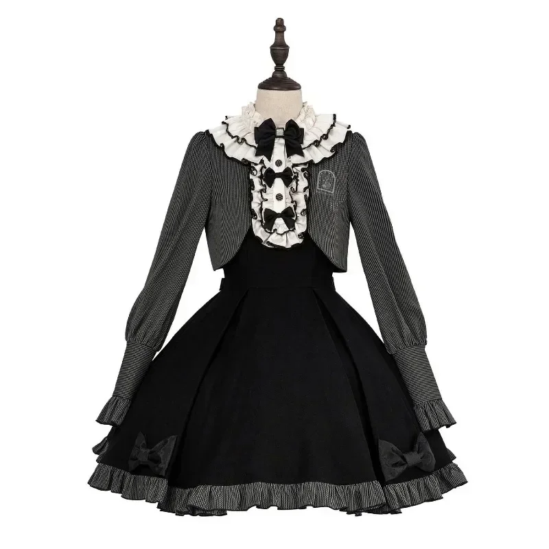 Vestido Lolita de manga comprida para mulheres, renda emendada, laço, vestidos doces, roupa de empregada, terno de duas peças, Halloween, outono, inverno, 2023