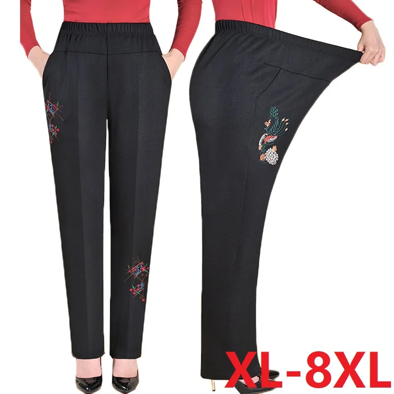 

Extra-Large Size 8XL Women Trousers Autumn Elastic High Waist Casual Pants Middle-aged Female Winter Velvet Warm Straight Pants