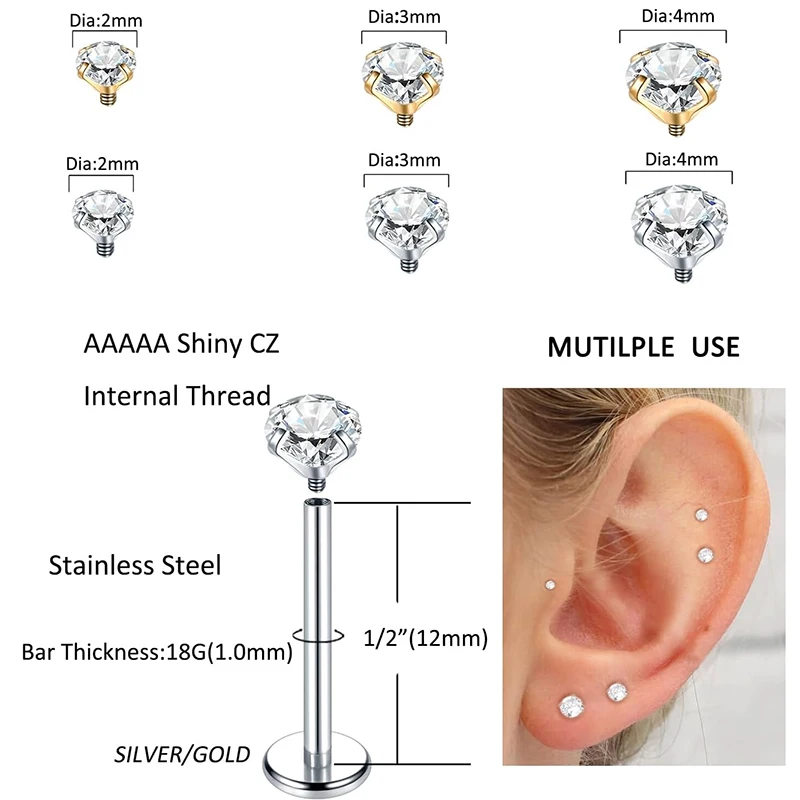 Cubic Zircon Nose Piercing Stainless Steel Earbone Helix Tragus Cartilage Women Ear Studs Lip Labret Body Piercing Jewelry