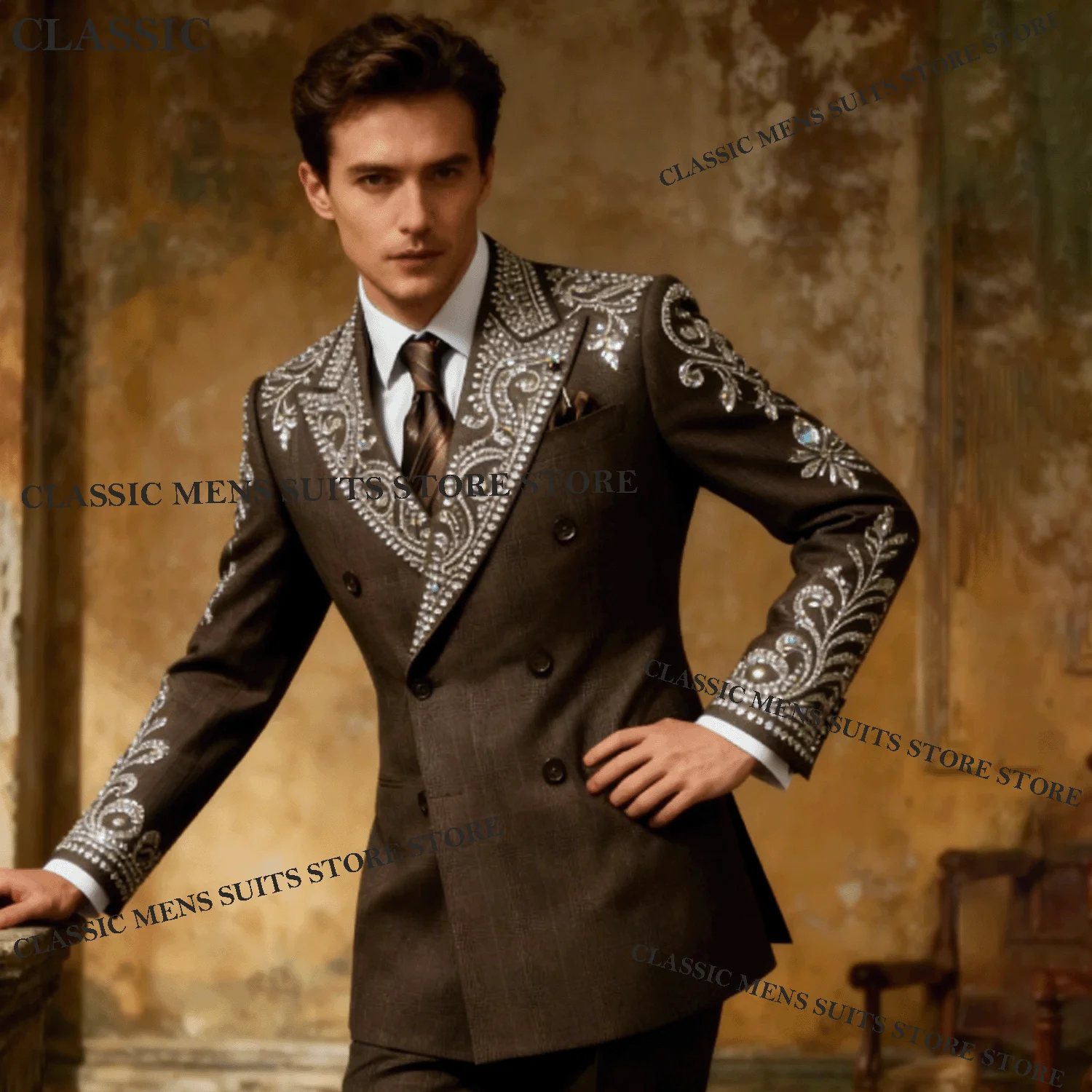 

Мужские костюмы из 3 предметов с индивидуальным дизайном, украшенные кристаллами и стразами, для вечеринок, свадебные смокинги для жениха, приталенные, с пайетками, костюм Homme