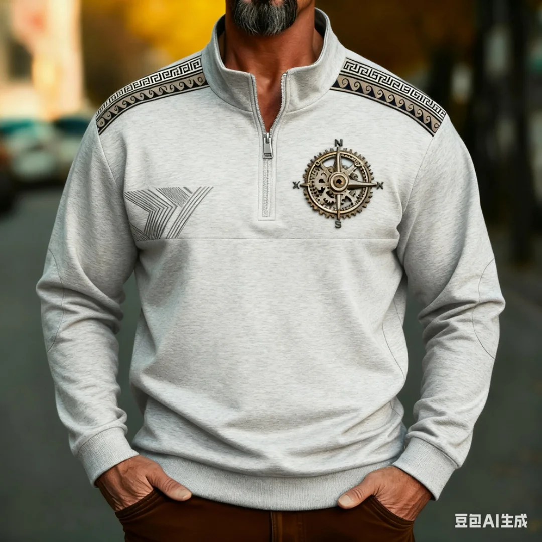 

3D Printed Compass Pattern Zipper Sweatshirt For Men Vintage Printed Long Sleeve Pullover Autumn Winter Casual Comfortable Tops