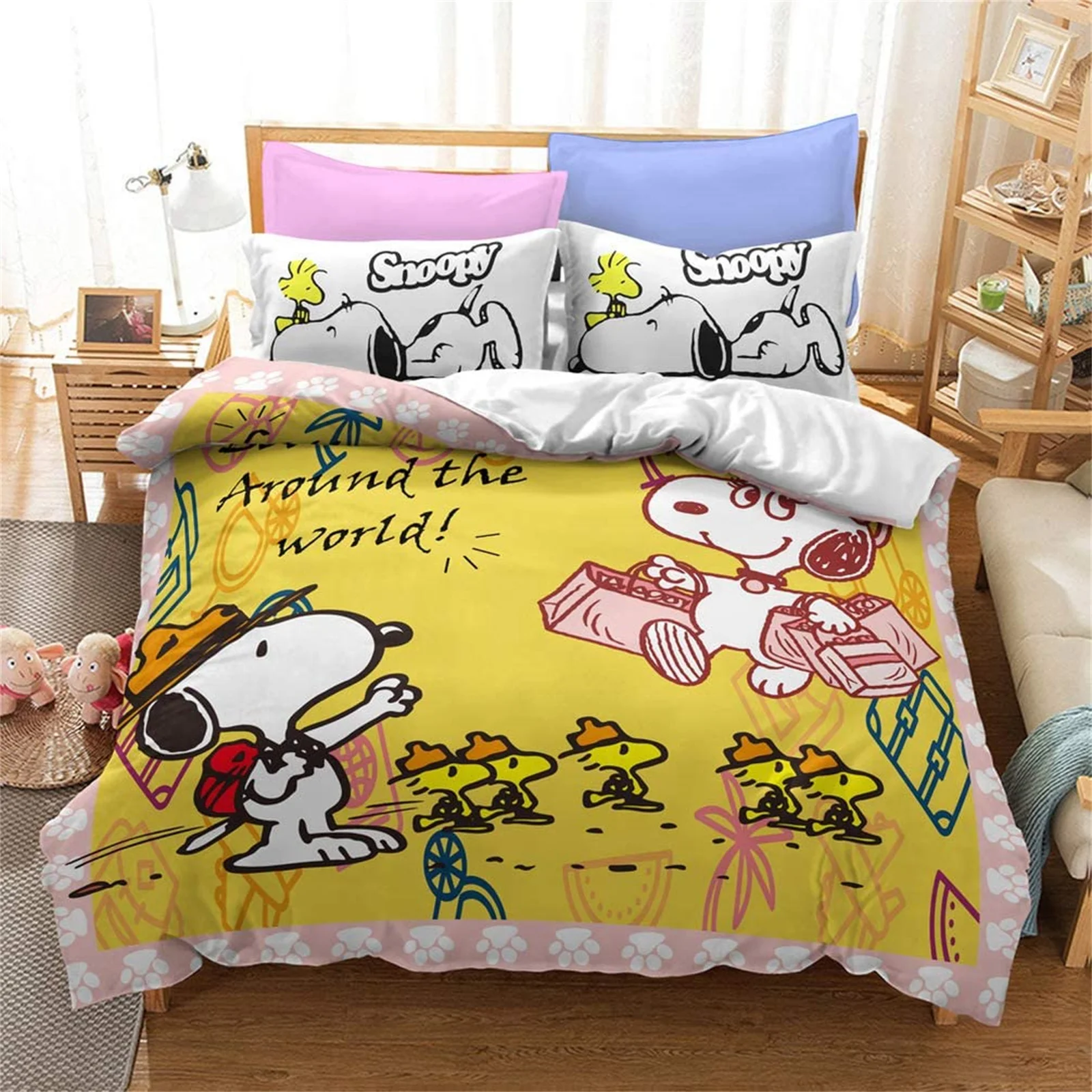 Snoopy Anime Happy Puppy Duvet Cover 3D Cute Printed Pillowcase Set Adult Children Comforter Bedding Home Fashion Boys Girls