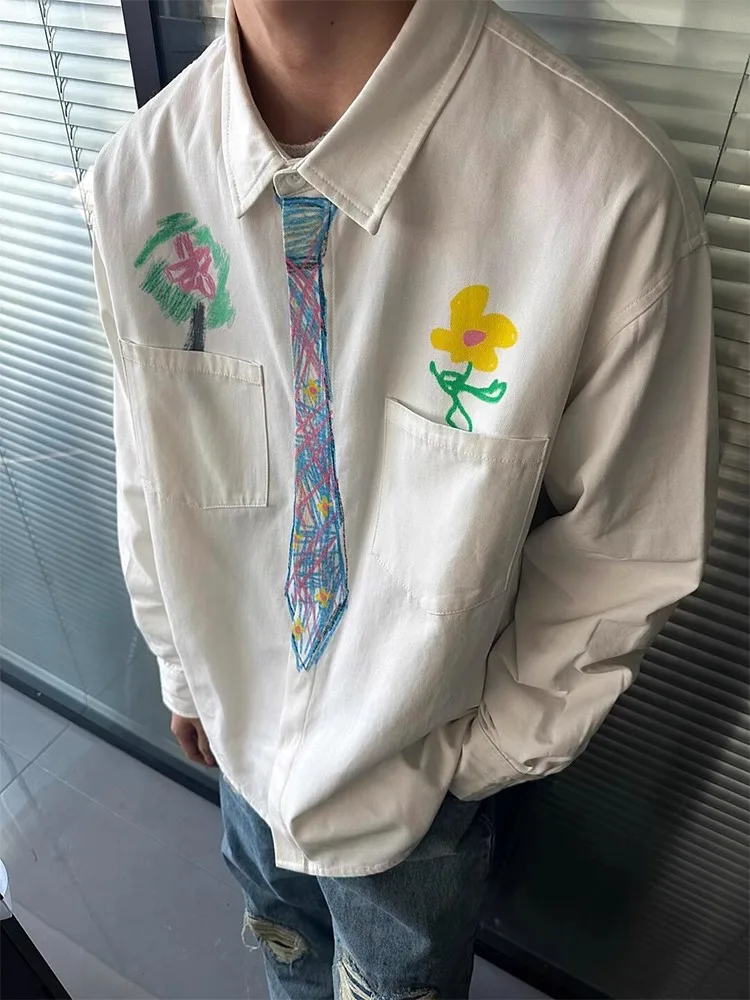 

American Style Long Sleeve White Shirt Men's Spring Autumn Hand-Painted Tie Inner Wear Japanese College Style Jacket