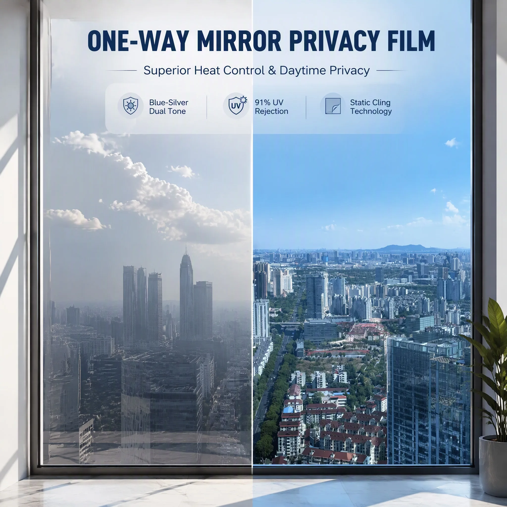 Blue Silver One Way Privacy Window Film Static Cling Heat UV Reduction Glass Film Home Office Window Decoration