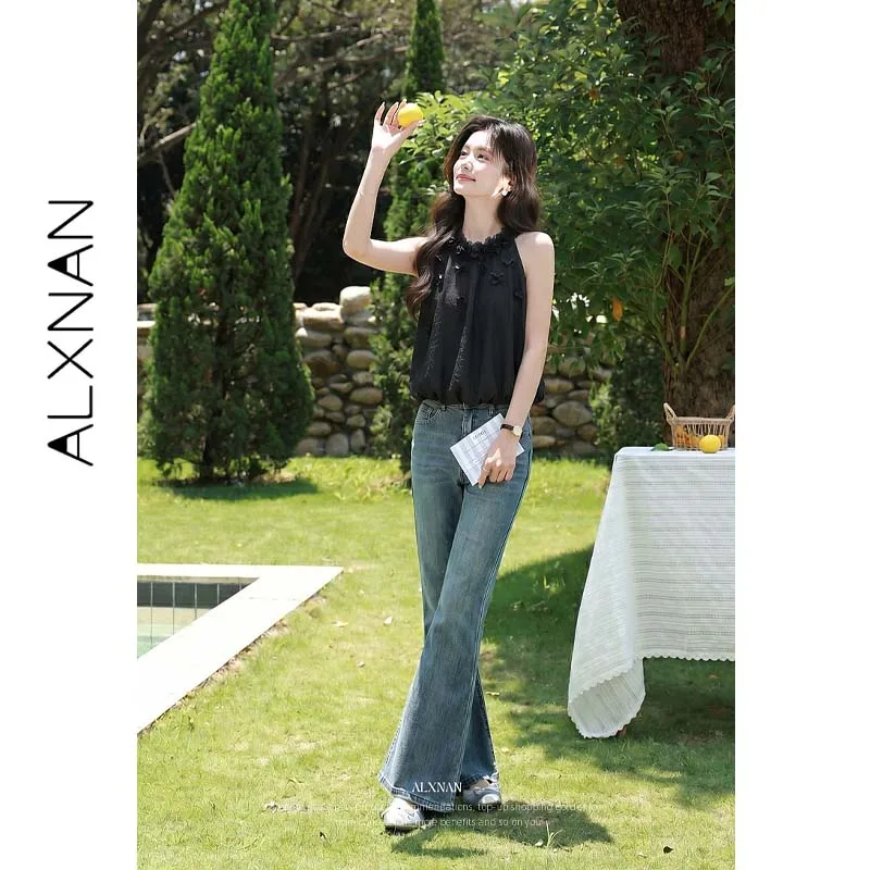 ALXNAN Black Halter Camisole 2026 Summer 3D Flower Sleeveless Off-shoulder Camisole Elegant Sweet Sleeveless Tank Top L618119A-3