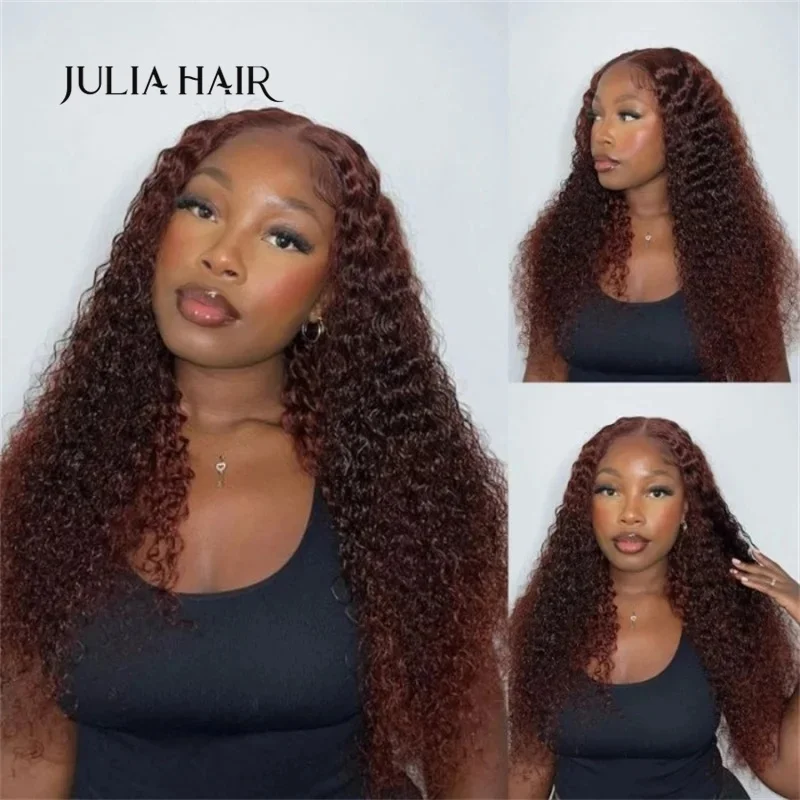 

Julia Hair Bye Bye Knots Wig 7x5 Glueless Pre Cut Lace Reddish Brown Wig With Babyhair Pre-Plucked Hairline Jerry Curly Hair