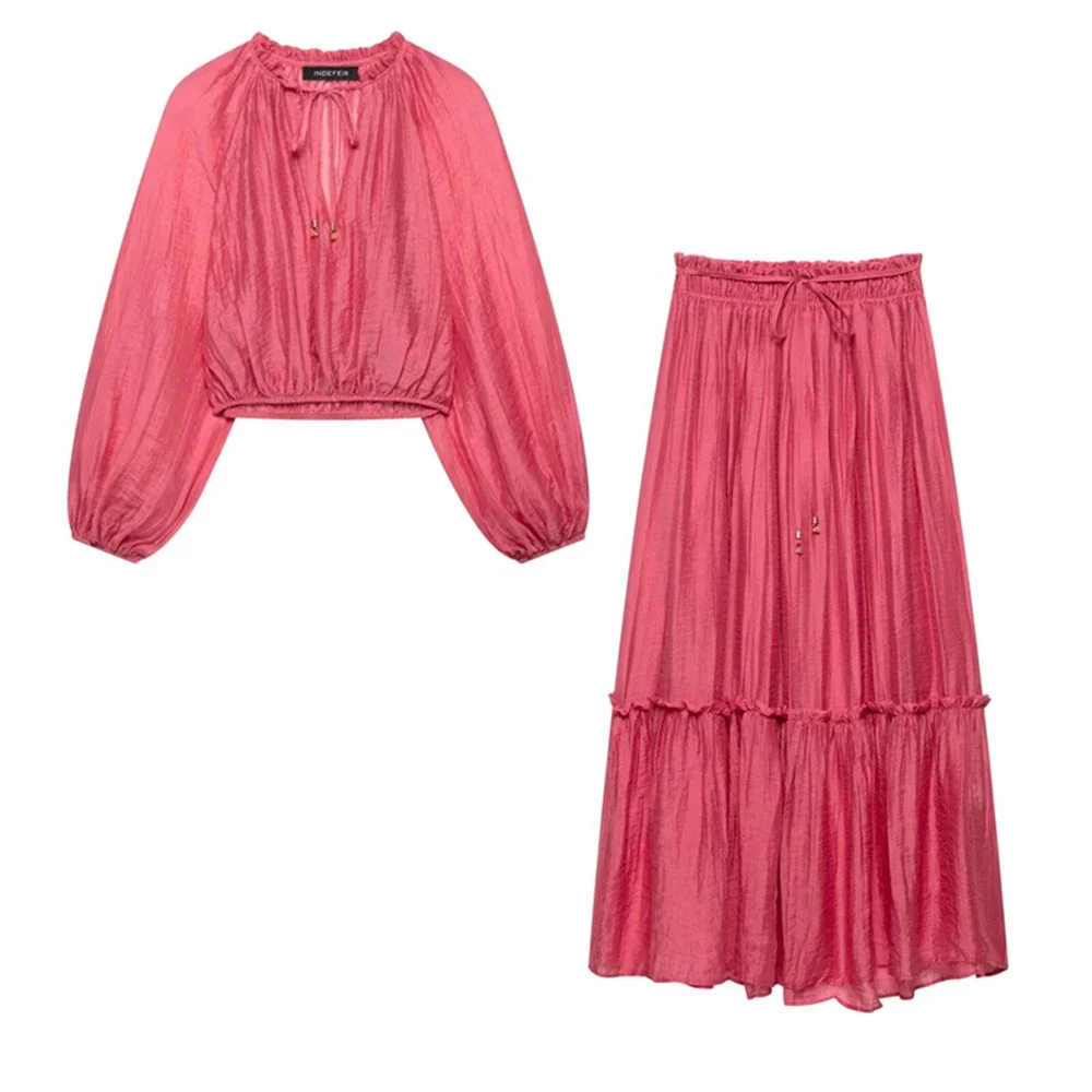 2025 Zomer Vrouwen Rode Plooien Shirt Rokken Sets Lace Up Lange Mouwen Shirts + Hoge Taille Plooirok Mode dame Outfits - afbeelding 2