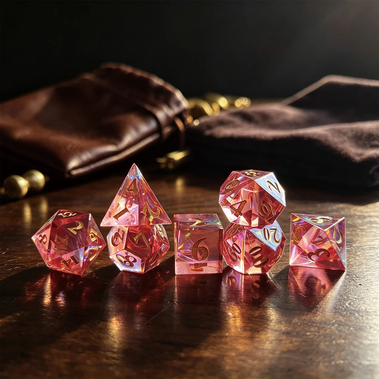 7Pcs Sharp Edge Resin DND Dice Set, Internally embedded rainbow laser foil Polyhedral Dice with Gold Numbering