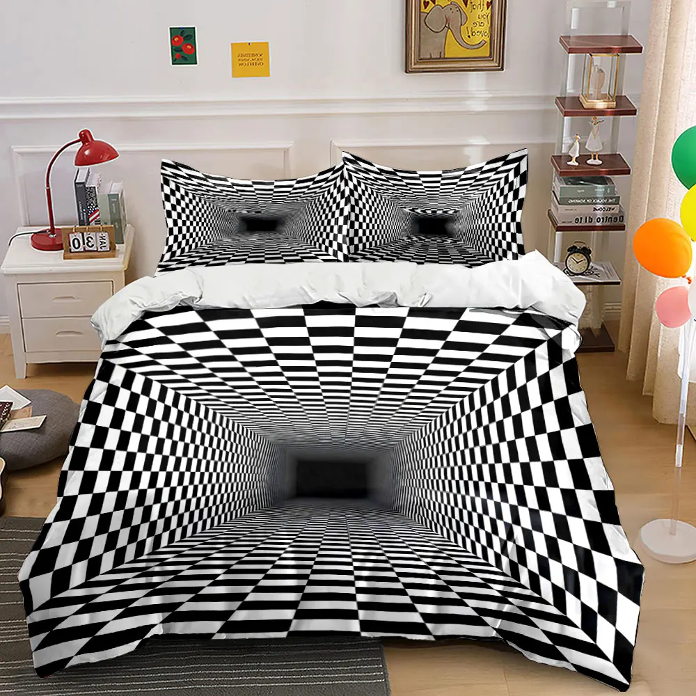 Black-and-white checkered endless tunnel Print Bedding Set 1 Duvet Cover 2 Pillowcases for Adult and Children Luxury Gift