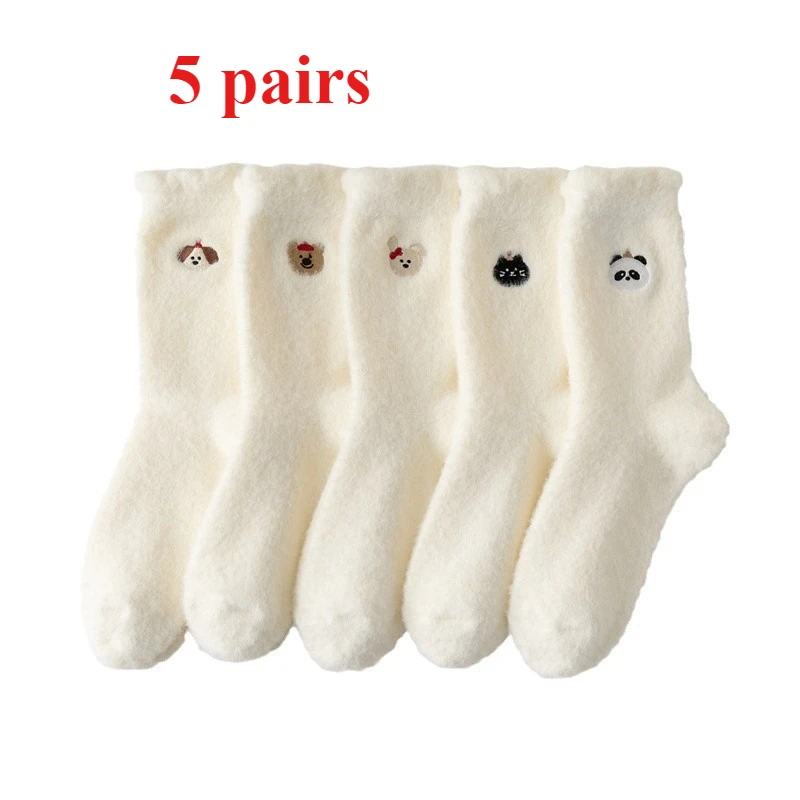 

5 пар милых носков из меха норки с героями мультфильмов на осень и зиму, белые носки средней длины, утолщенные и плюшевые домашние носки-тапочки