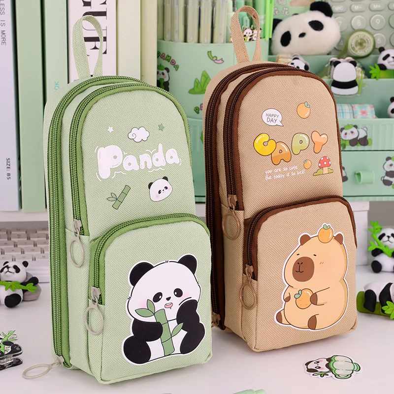 Stand-Up Design Large Capacity Cartoon Pencil Case Oxford Self-Standing Multi-Layer Storage Cute Panda Capybara School Pen Bag