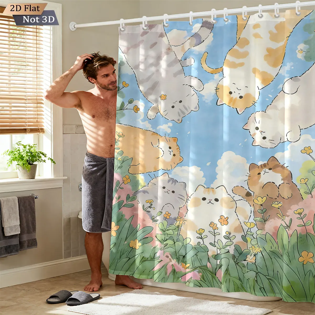 1pc Cute Cartoon Cat Printed Waterproof Shower Curtain Partition Privacy Hanging Curtain with 12 Hooks Multiple Sizes