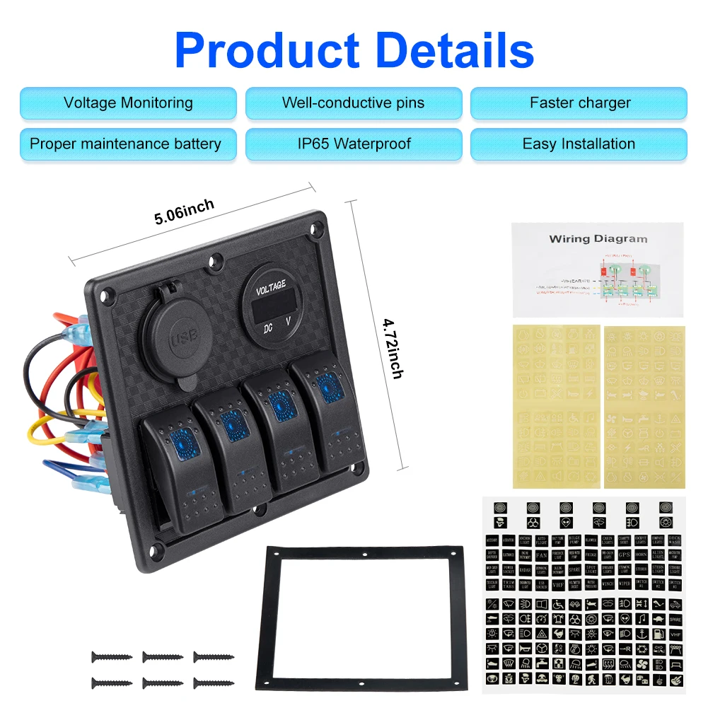 4 Gang Rocker Switch Panel LED With Digital Voltmeter Waterproof Switch For Car Marine Yacht Caravan Truck Marine Boat