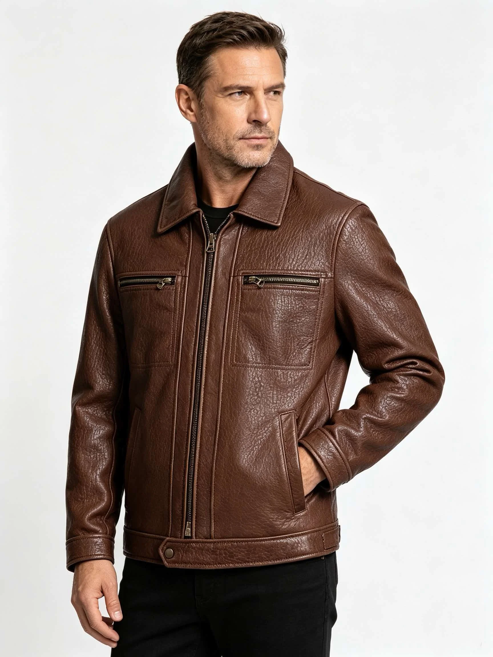 Men's Genuine Sheepskin Leather Work Jacket Brown Shrunken Elephant Grain Spread Collar Zip Front With 2 Chest Zips Chore Style