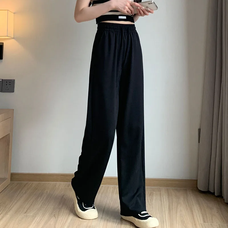 New Women\'S Spring Autumn Summer High Waist Draping Straight Tube Wide Leg Pants Versatile Casual Sunscreen Ice Silk Trousers