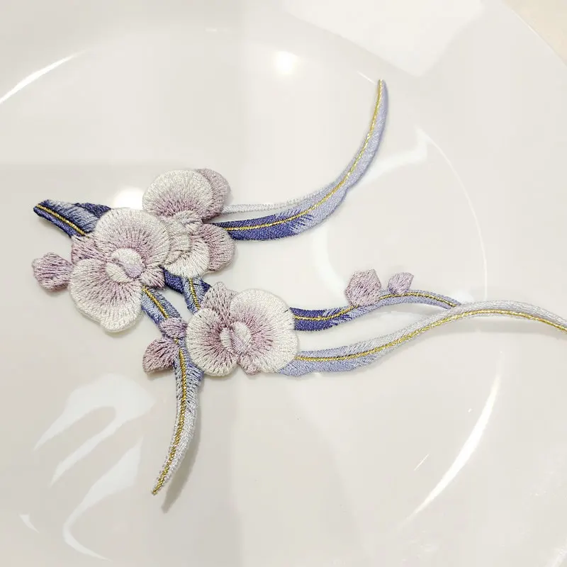 Blue Purple Butterfly Orchid Embroidered Appliques With Golden Thread Patch Chinese Traditional Auspicious Pattern Accessories