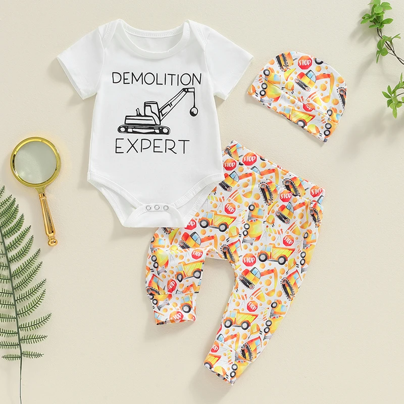 2024-04-26 Lioraitiin Summer Baby Boy Outfit Digger Letter Print Short Sleeves Romper and Elastic Pants Beanies Hat Set Clothes