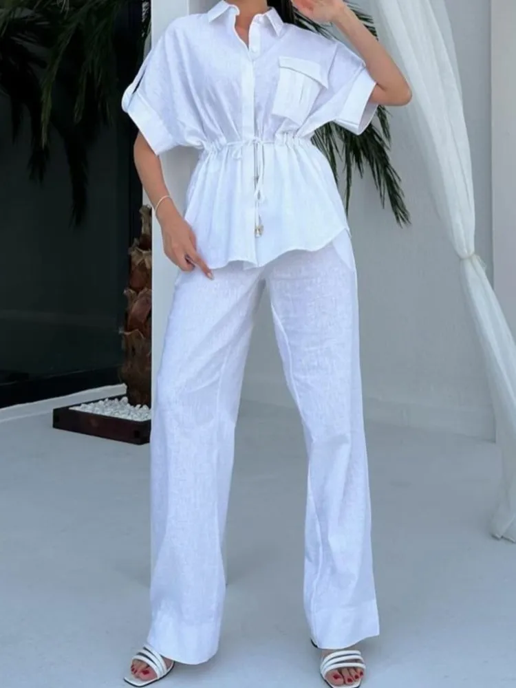 ฤดูร้อนใหม่สีทึบชุดลําลองแฟชั่นผู้หญิง Workwear สไตล์กระเป๋าสตางค์อารมณ์เดินทาง 2 ชิ้นชุด