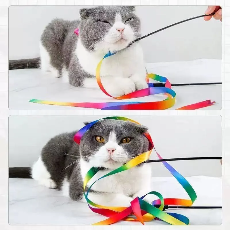 Interactive Coloured Ribbon Cat Toys Teasing Catd Stick Satin Ribbon Cat Stick Toys Kitten Playing Teaser Wand Toy Pet Supplies