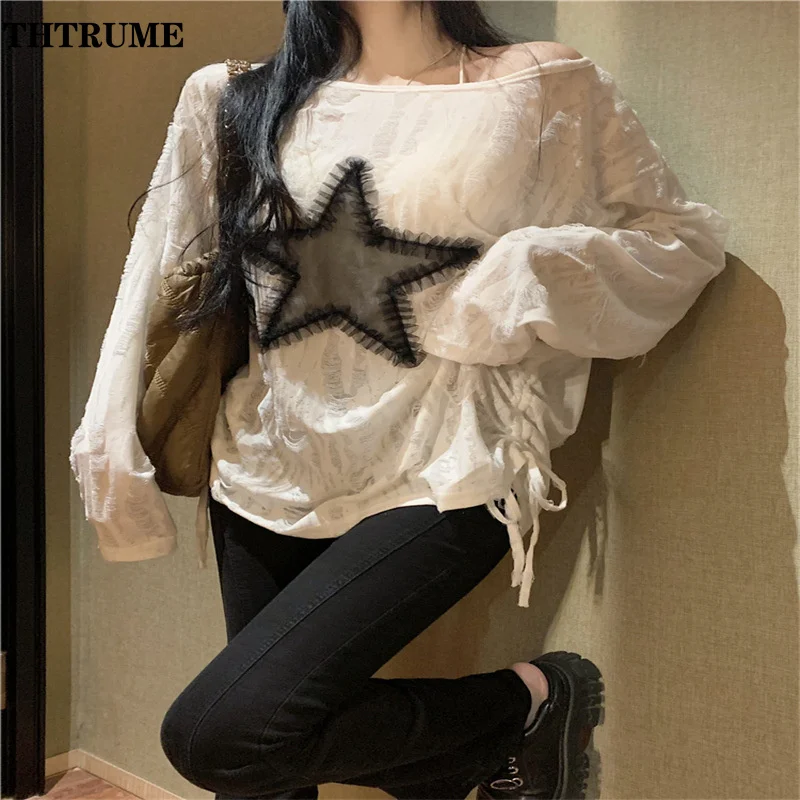 Y2K High Street Sweaters For Women Fashion Oversized Off Shoulder Streetwear Jumpers Casual Vintage Star Print Chic Pullovers