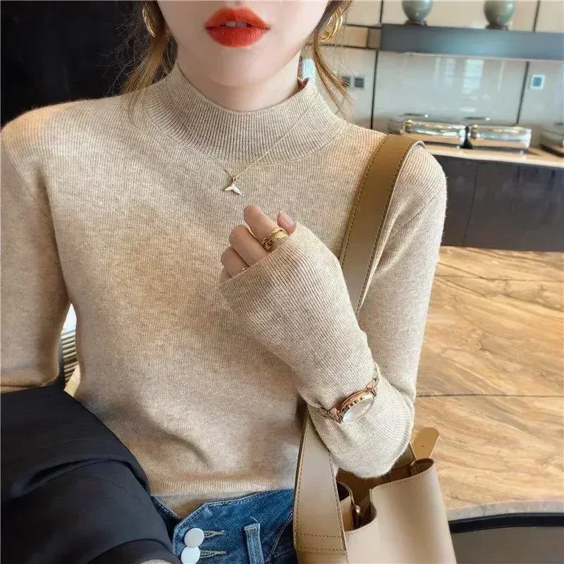 

Women Sweaters Half High Collar Pullovers Knitting Jumpers Long Sleeve Basics Warm Solid Lazy Wind Slight Strech Winter Slim