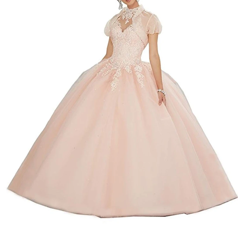 Vestidos de Quinceañera de 15 y 16 para mujer, Halter Apliques de encaje, vestido de graduación de princesa rosa con chaqueta, vestidos de fiesta de boda