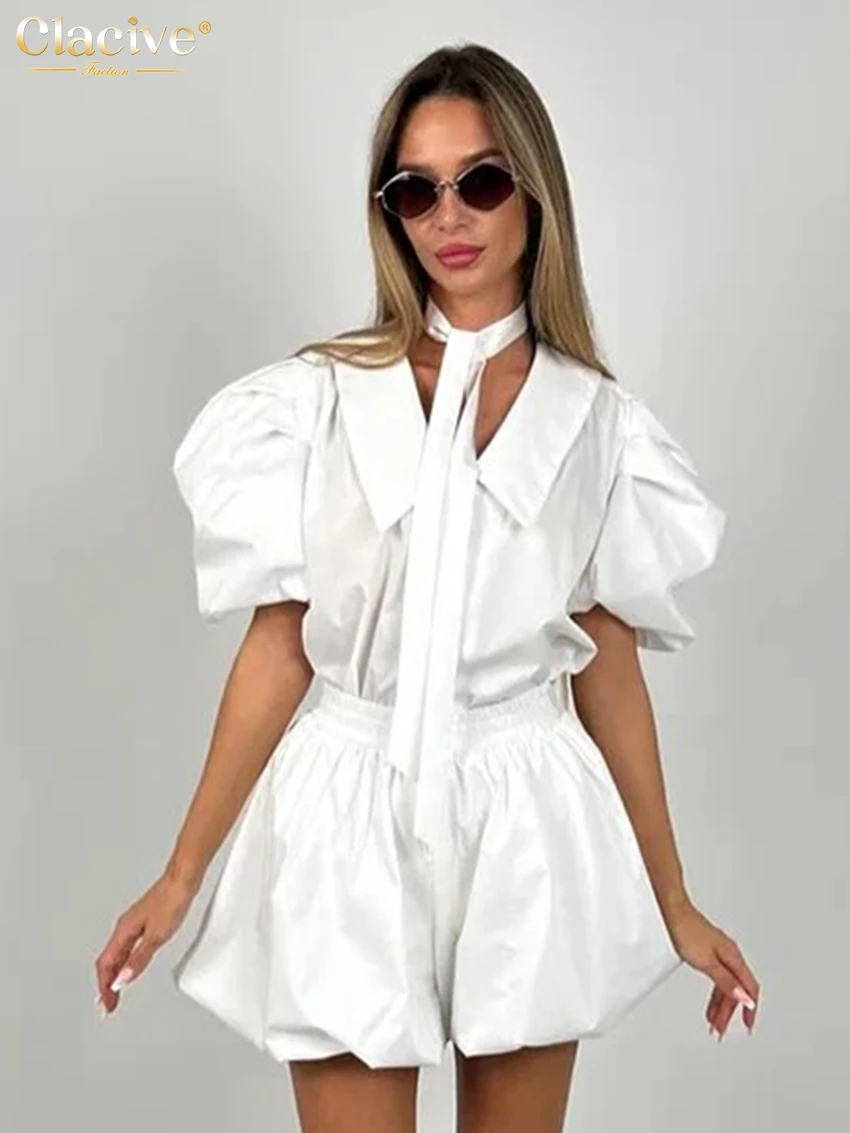 

Clacive Summer Loose White Cotton 2 Pieces Set For Woman 2025 Fashion Short Sleeve Shirt With High Waist Pleated Shorts Set