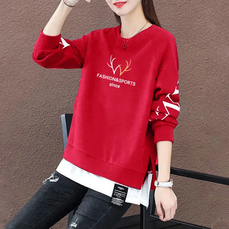 

Loose Long Sve round Ne Sweatirt Women's Casual Sle Mid-Length Faionable Outerwear Coat Trendy Commute Cotton Blend