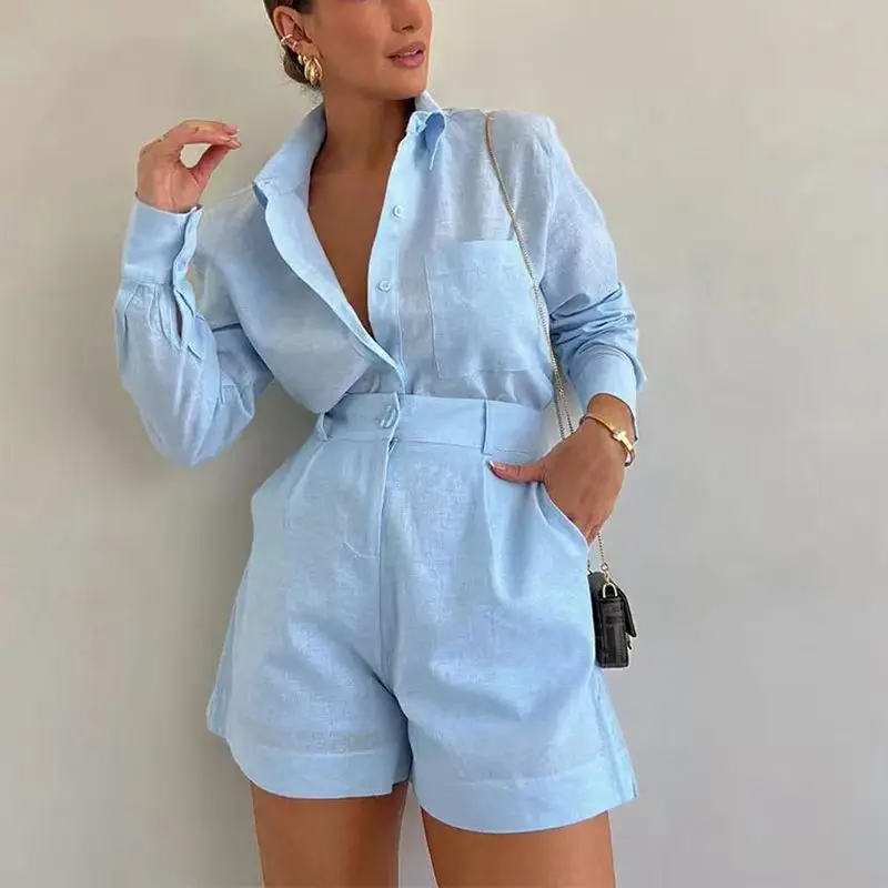 2024 Casual Fashion Button Pockets Short Pant Suit Women's Suit Elegant Lapel Long Sleeves 2 Pieces Set Highstreet Lady Outfit