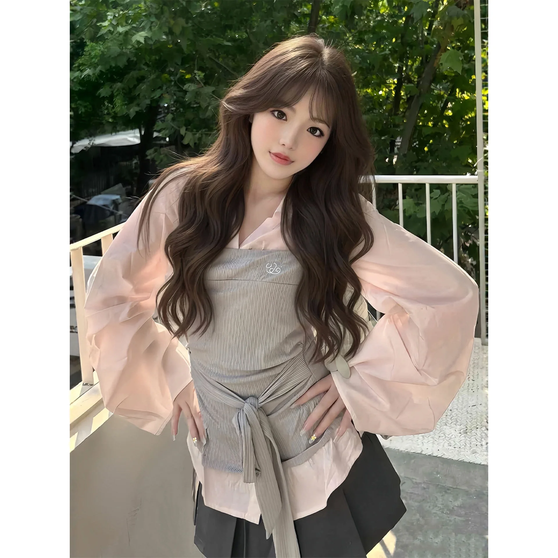Pink Long Sleeve Fake Two-Piece Shirt Skirt Set Spring Autumn Korean Style High Waist Pleated  Dress Casual Fashion for G...