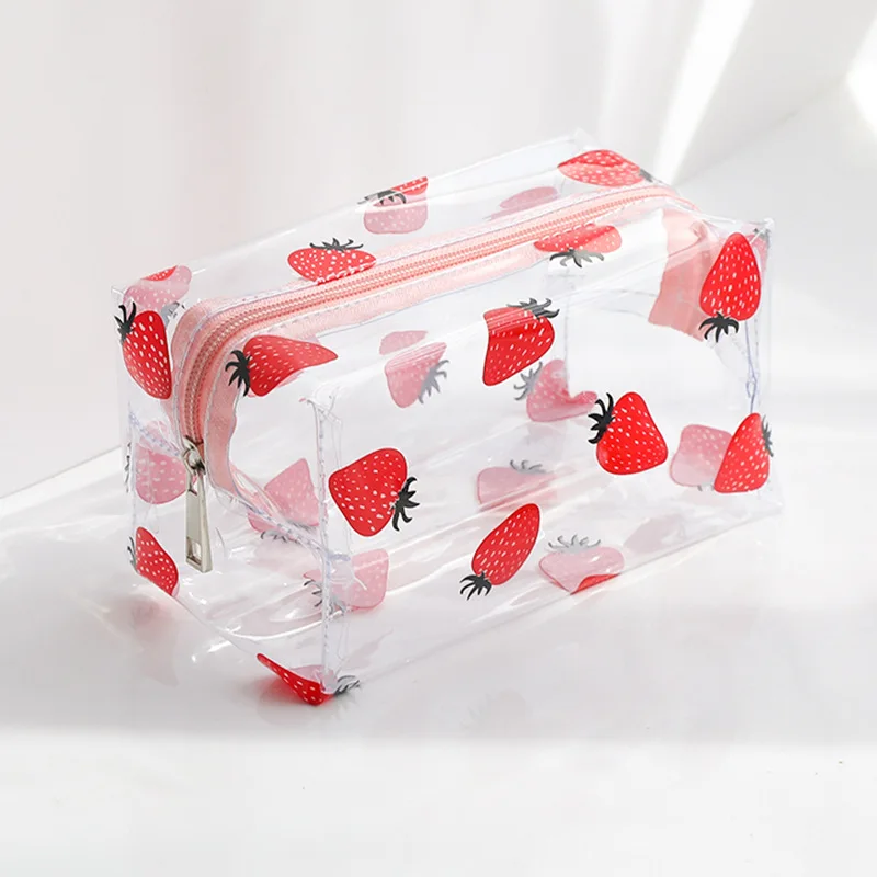 Kawaii Cute Transparent Cosmetic Bag Large Capacity Portable 2022 New Print Fruit Heart Pattern Pencil Case Makeup Storage Bag