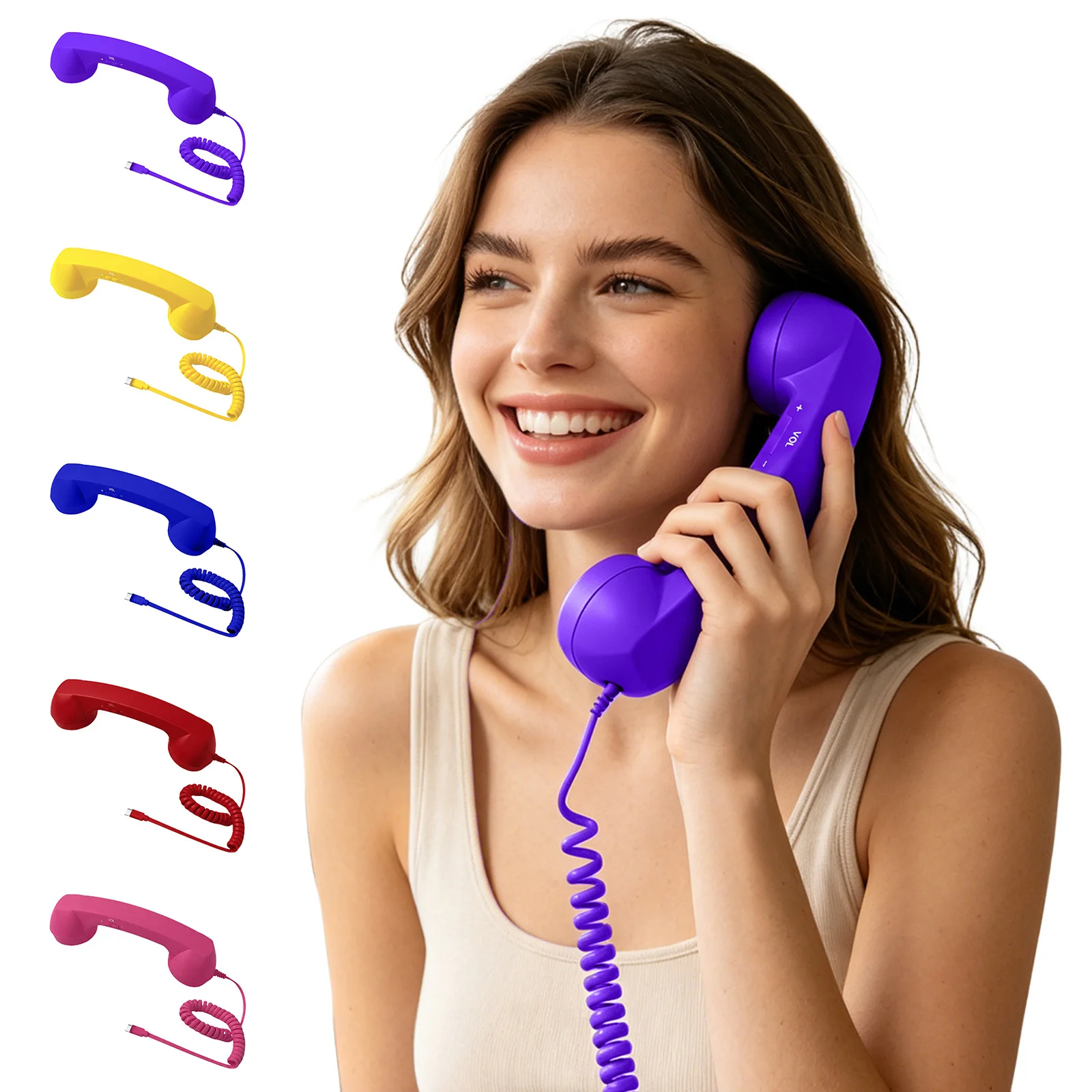 Wired Landline Handle Receiver with Volume Control & Mic Clear Sound Mobile Phone Telephone Handset with Type-C Connector