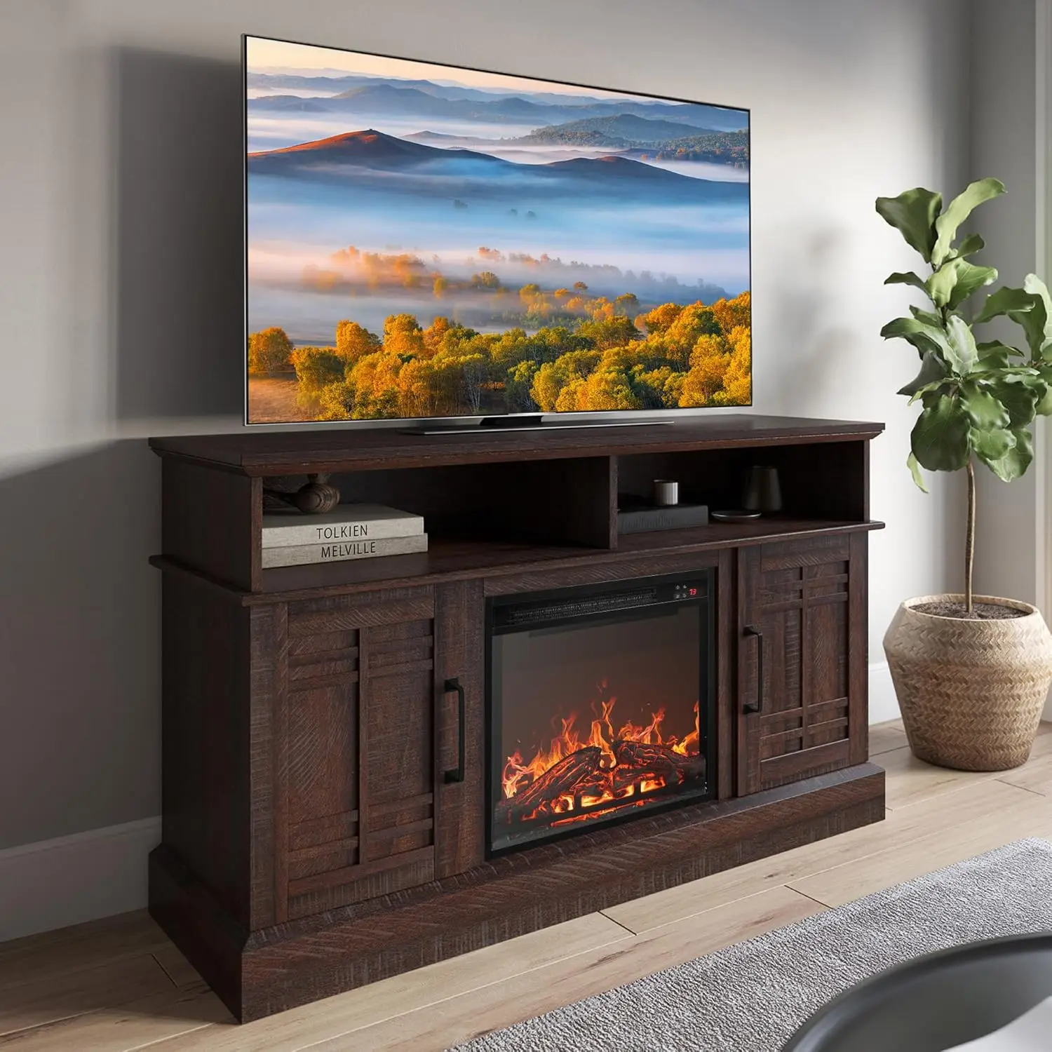 

BELLEZE 48" TV Stand with 18" Electric Fireplace Heater, Modern TV Stand for TVs up to 50", Entertainment Media Stand with Open