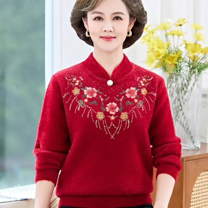 New Faux Mink Velvet Sweater Ladies Embroidered Autumn Winter Bottoming Shirt Middle aged Mother Clothes Female Knitted Sweater