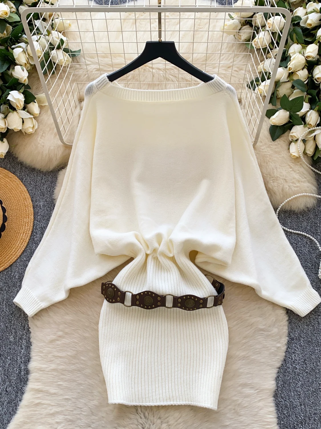 ピュアデザイア ハイウエスト ニット バットウィング スカート ベルト付き レディース 通勤 スタイル Aライン スカート ボディコン