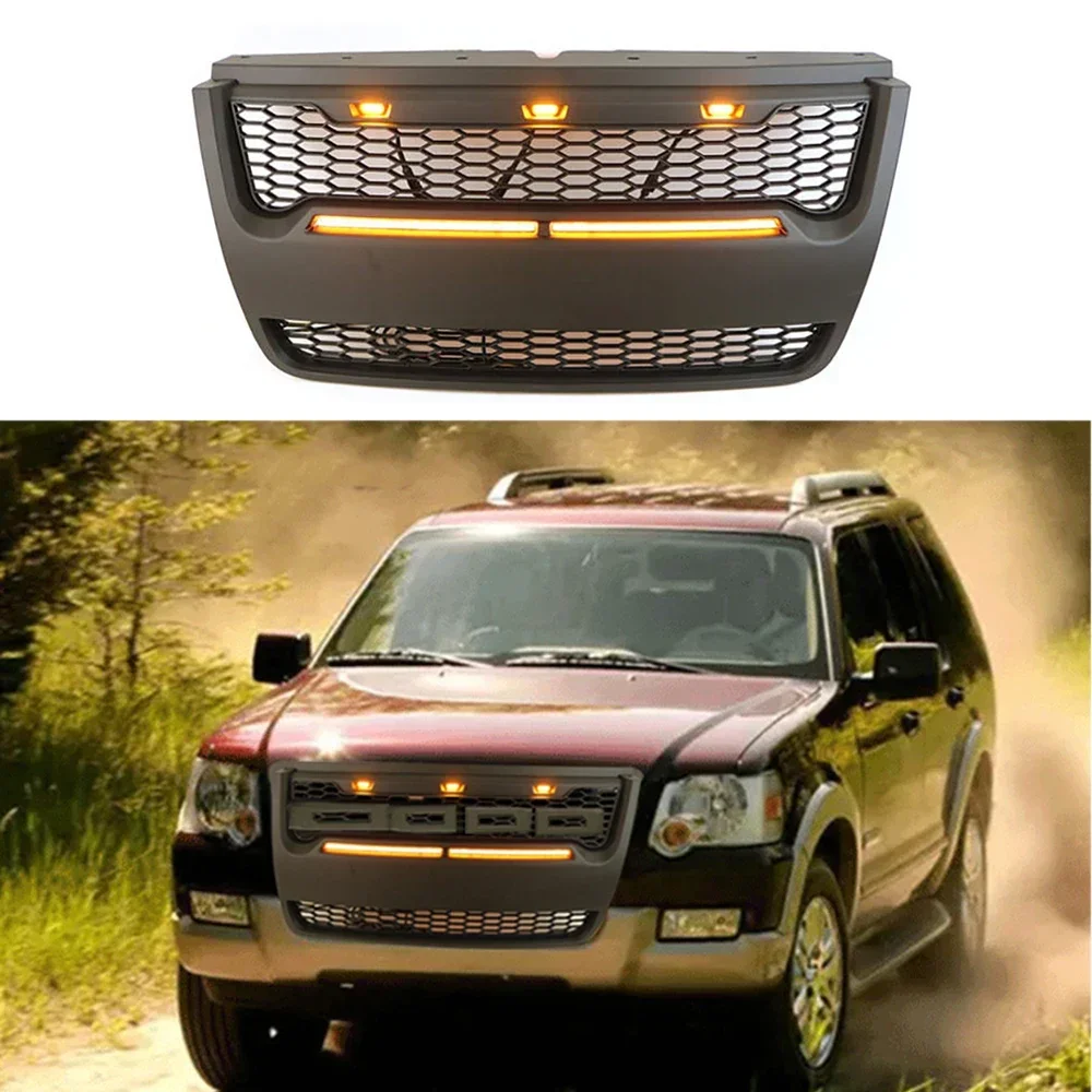 Car Matte Black Front Grill Bumper Grille With Letter/LED Lights For Ford  2006-2010 Explorer 4x4 Exterior Styling Accessories