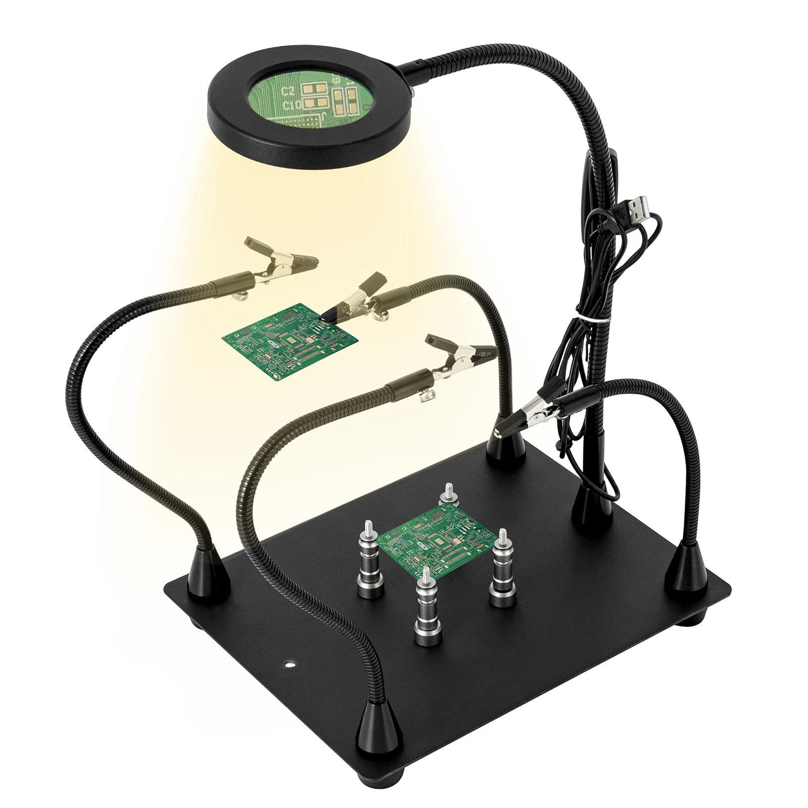 

Magnetic, Soldering Third Hands with 3X LED Magnifier Lamp, 4 PCB Columns Holder with Flexible Metal Arms