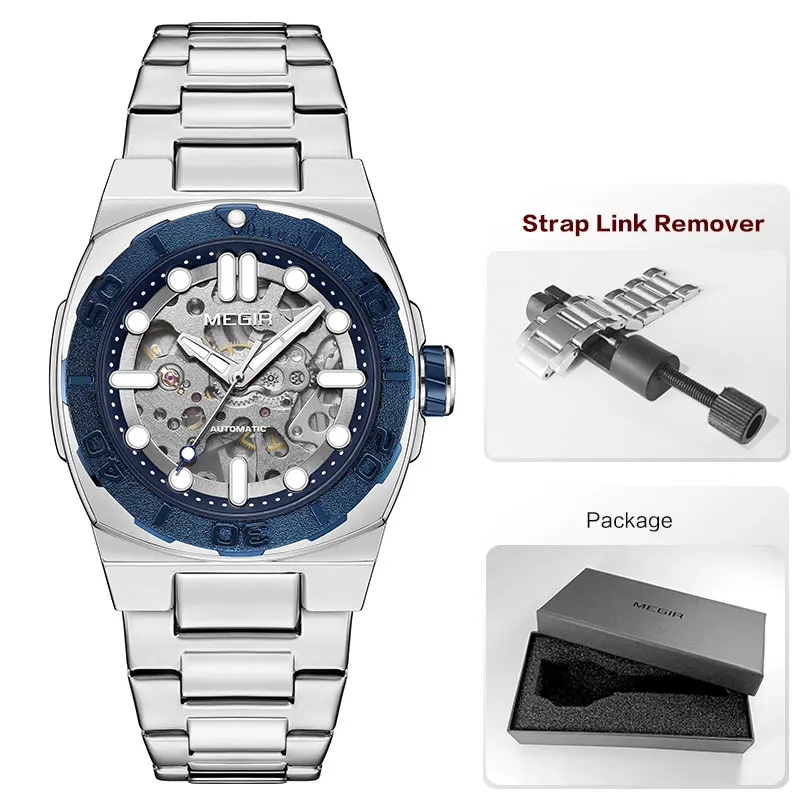 MEGIR Business Style Watch for Men Fashion Automatic Mechanical Wristwatch with Transparent Skeleton Dial & Stainless Steel Band