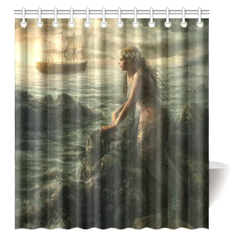 Beautiful Mermaid Shower Curtain, Jellyfish Fabric Bathroom Curtains Set with Hooks Marine Ocean Animals Bathroom Decor Washable